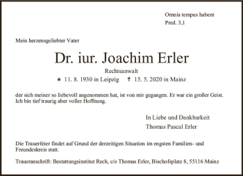 Traueranzeige von Joachim Erler von vrm-trauer