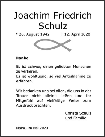 Traueranzeige von Joachim Friedrich Schulz von vrm-trauer