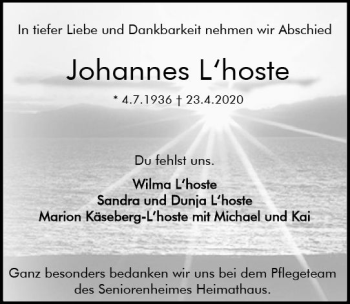 Traueranzeige von Johannes Lhoste von vrm-trauer
