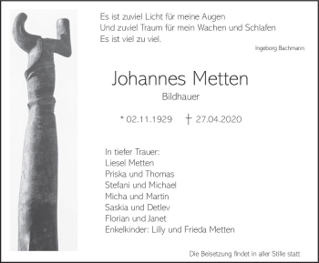 Traueranzeige von Johannes Metten von vrm-trauer