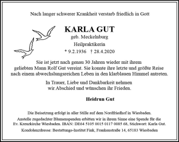 Traueranzeige von Karla Gut von vrm-trauer