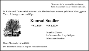 Traueranzeige von Konrad Stadler von vrm-trauer