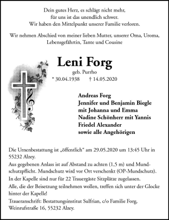Traueranzeige von Leni Forg von vrm-trauer