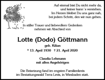 Traueranzeige von Lotte  Göttmann von vrm-trauer