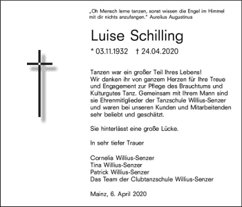 Traueranzeige von Luise Schilling von vrm-trauer