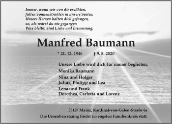 Traueranzeige von Manfred Baumann von vrm-trauer