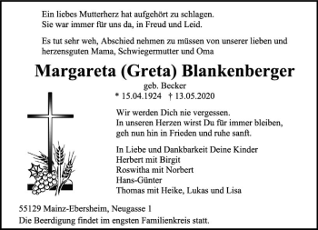 Traueranzeige von Margareta Blankenberger von vrm-trauer