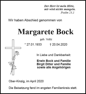 Traueranzeige von Margarete Bock von vrm-trauer