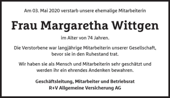 Traueranzeige von Margaretha Wittgen von vrm-trauer