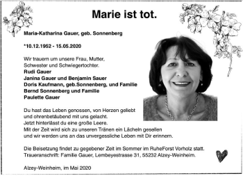 Traueranzeige von Marie-Katharina Gauer von vrm-trauer