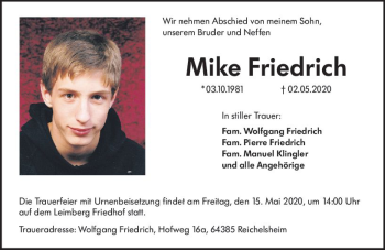 Traueranzeige von Mike Friedrich von vrm-trauer