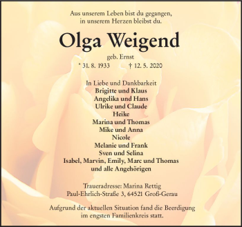 Traueranzeige von Olga Weigend von vrm-trauer