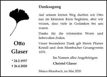Traueranzeige von Otto Glaser von vrm-trauer