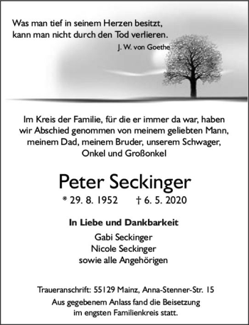 Traueranzeige von Peter Seckinger von vrm-trauer
