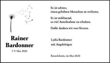 Traueranzeige von Rainer Bardonner von vrm-trauer