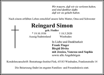 Traueranzeige von Reingard Simon von vrm-trauer