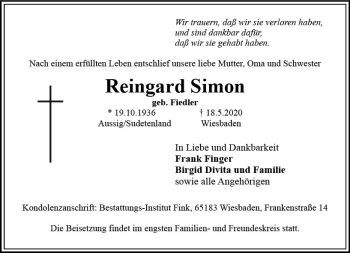 Traueranzeige von Reingard Simon von vrm-trauer