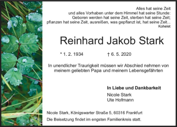 Traueranzeige von Reinhard Jakob Stark von vrm-trauer