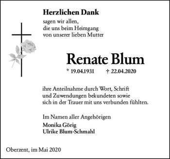 Traueranzeige von Renate Blum von vrm-trauer