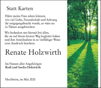 Traueranzeige von Renate Holzwirth von vrm-trauer