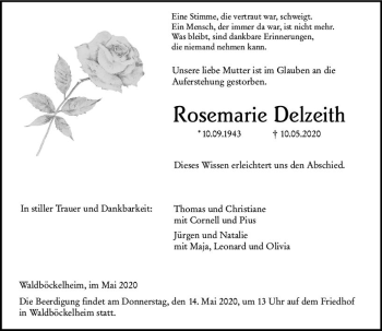 Traueranzeige von Rosemarie Delzeith von vrm-trauer