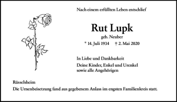 Traueranzeige von Rut Lupk von vrm-trauer