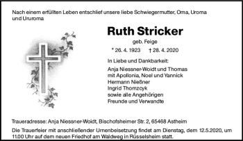 Traueranzeige von Ruth Stricker von vrm-trauer