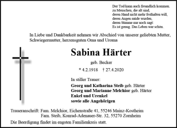 Traueranzeige von Sabina Härter von vrm-trauer