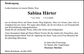 Traueranzeige von Sabina Härter von vrm-trauer