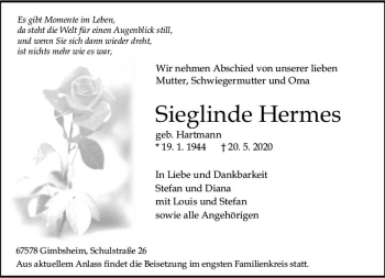 Traueranzeige von Sieglinde Hermes von vrm-trauer