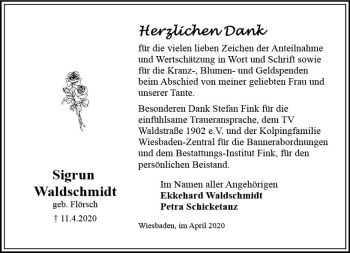 Traueranzeige von Sigrun Waldschmidt von vrm-trauer