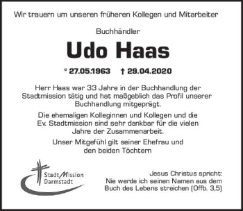 Traueranzeige von Udo Haas von vrm-trauer