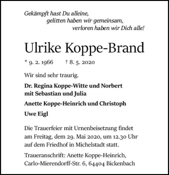 Traueranzeige von Ulrike Koppe-Brand von vrm-trauer