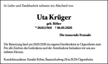 Traueranzeige von Uta Krüger von vrm-trauer