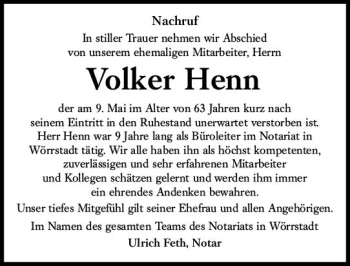 Traueranzeige von Volker Henn von vrm-trauer