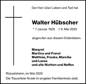 Traueranzeige von Walter Hübscher von vrm-trauer