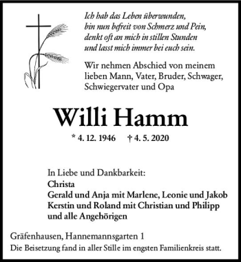Traueranzeige von Willi Hamm von vrm-trauer