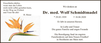Traueranzeige von Wolf Schmidtmadel von vrm-trauer