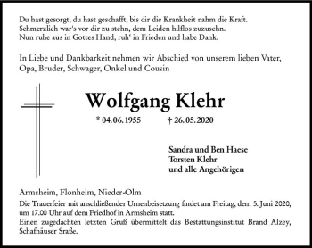 Traueranzeige von Wolfgang Klehr von vrm-trauer