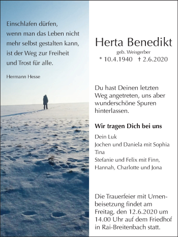Traueranzeige von Herta Benedikt von VRM Tageszeitungen