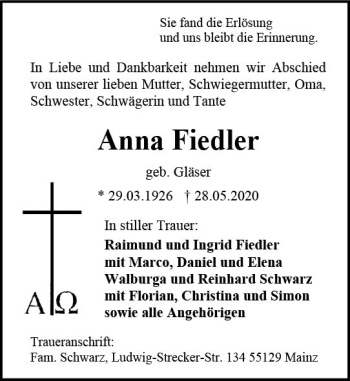 Traueranzeige von Anna Fiedler von vrm-trauer