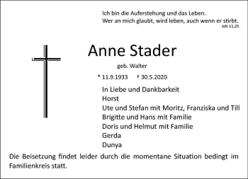 Traueranzeige von Anne Stader von vrm-trauer