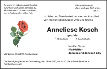 Traueranzeige von Anneliese Kosch von vrm-trauer
