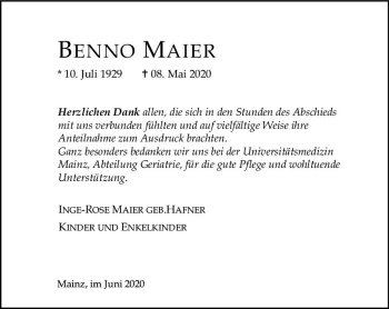 Traueranzeige von Benno Maier von vrm-trauer