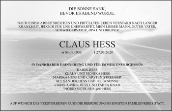 Traueranzeige von Claus Hess von vrm-trauer