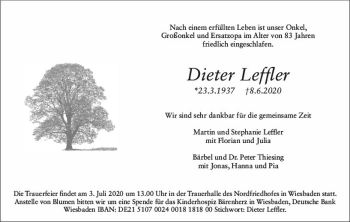 Traueranzeige von Dieter Leffler von vrm-trauer