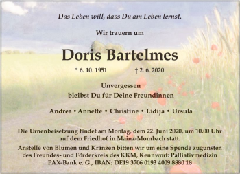 Traueranzeige von Doris Bartelmes von vrm-trauer