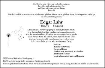 Traueranzeige von Edgar Lahr von vrm-trauer