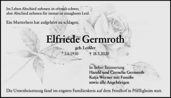 Traueranzeige von Elfriede Germroth von vrm-trauer
