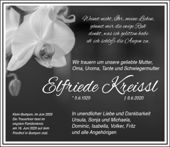 Traueranzeige von Elfriede Kreissl von vrm-trauer